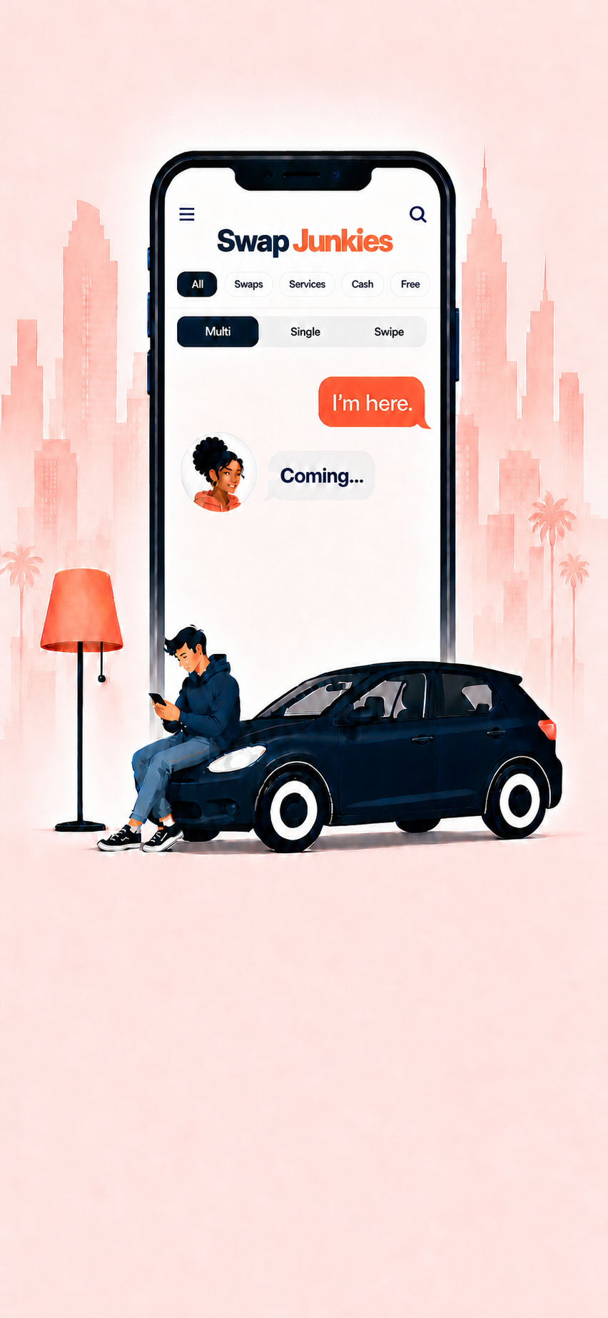 Swap Junkies marketplace artwork featuring an in-app conversation, a person, and a car in a city scene